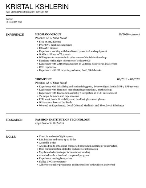 sheet metal installer resume|sheet metal fabricator resume.